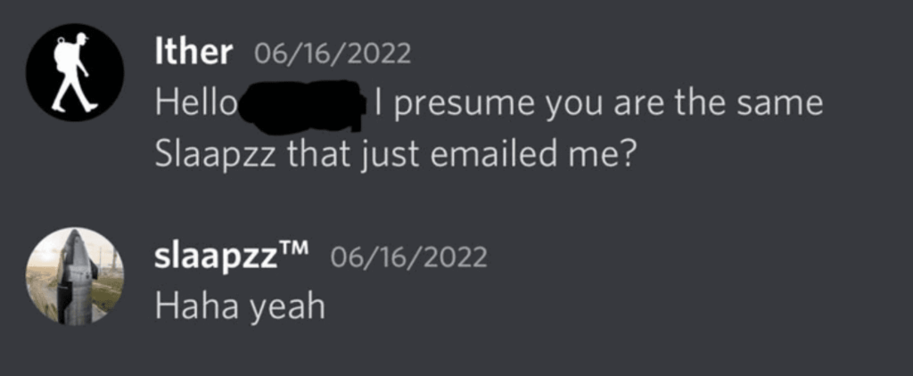Storm reaches out on Discord to a pilot using their real name.