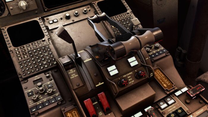 A rendition of the Boeing 757-200 virtual cockpit in Microsoft Flight Simulator by BlueBird Simulations.