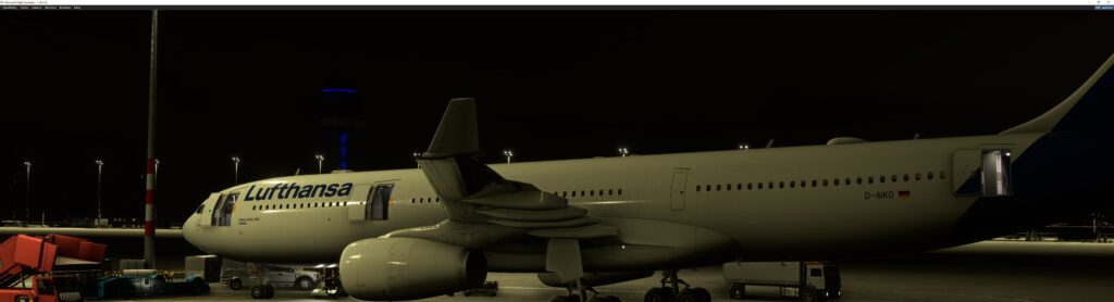 An Airbus A330-300 sitting on an airport apron by Aerosoft in Microsoft Flight Simulator.