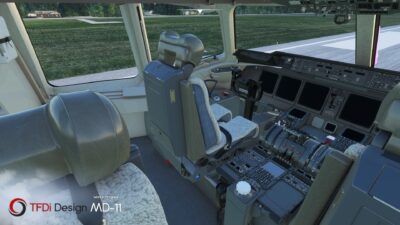 A rendition of the MD-11 flight deck in MSFS by TFDi Designs.