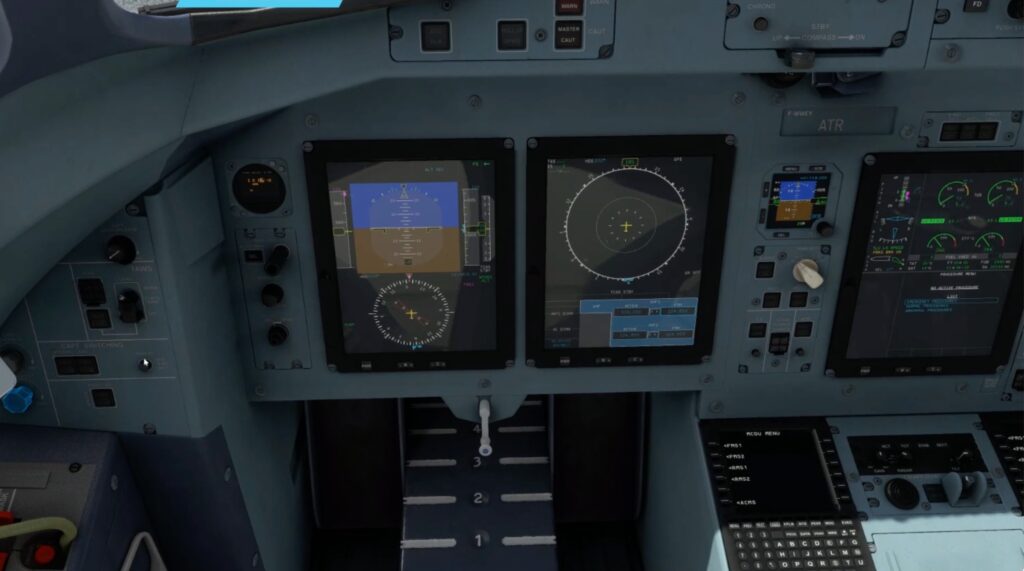 A cockpit rendition of the ATR 42/72 in MSFS showcasing the PFD and MFD.