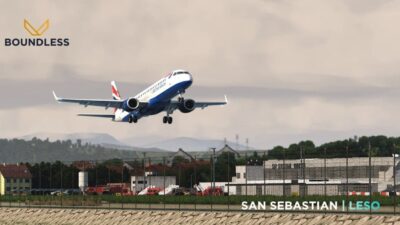 A plane taking off from a rendition of San Sebastian Airport for X-Plane 11 by Boundless Simulations.