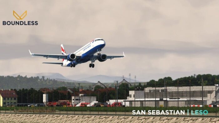 A plane taking off from a rendition of San Sebastian Airport for X-Plane 11 by Boundless Simulations.