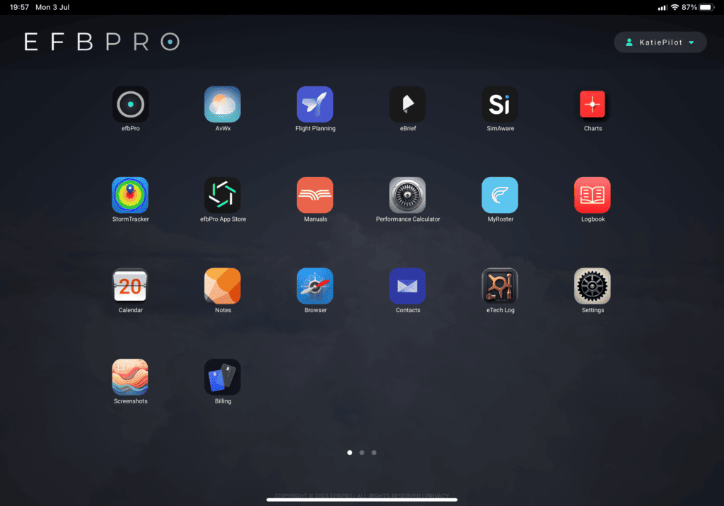 The efbPro home screen