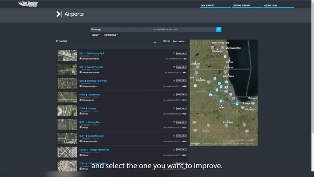 MSFS WorldHub airport selection screen