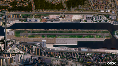 A rendition of London City Airport for X-Plane 12 by Orbx.