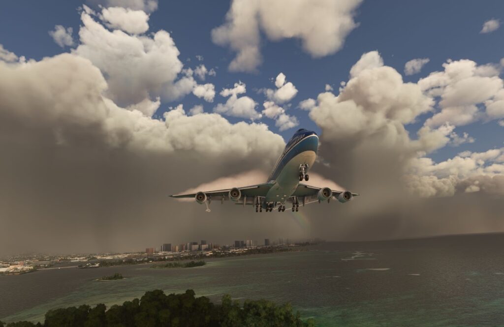 747 coming in for an approach showcasing the wing condensation effect
