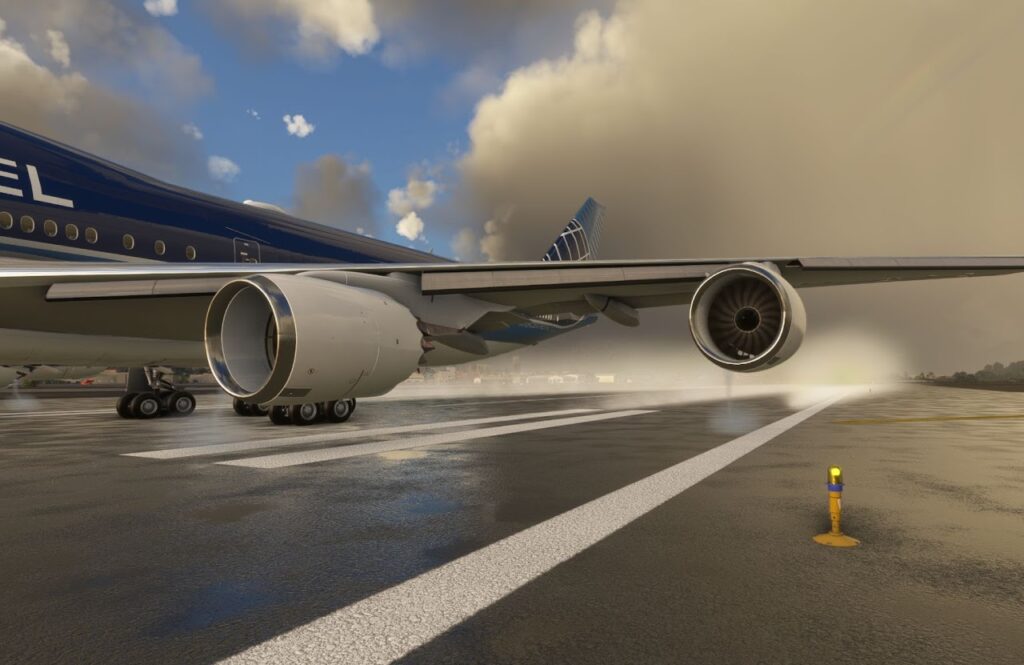 747 rolling down on the runway showcasing the engine jet blast feature