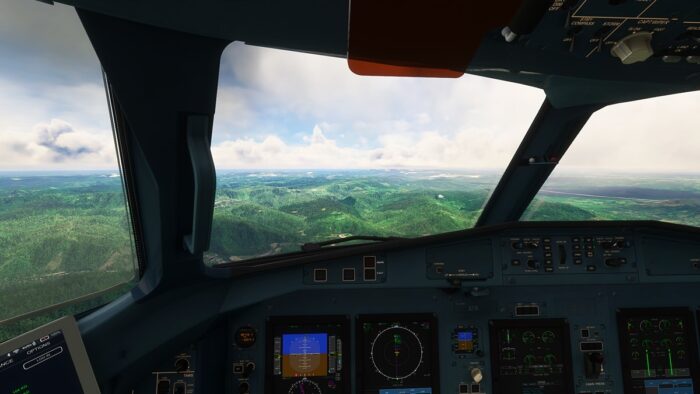A cockpit view of the ATR 42 in Microsoft Flight Simulator.