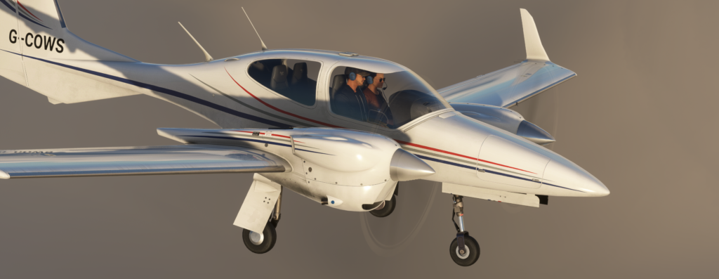 Image of the Cows DA42 in flight.