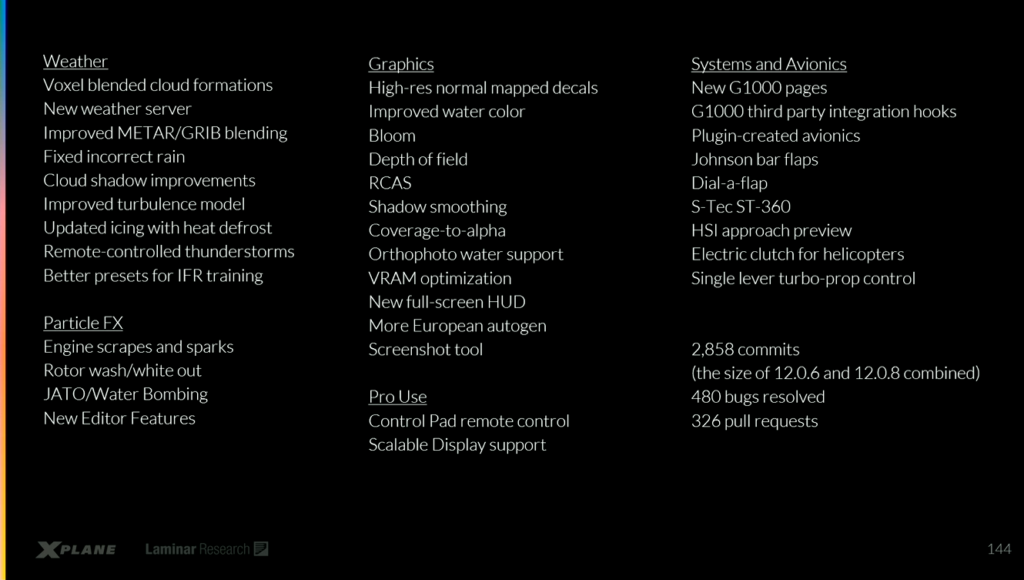 Image showing all of X-Plane 12.1.0's improvements and bug fixes