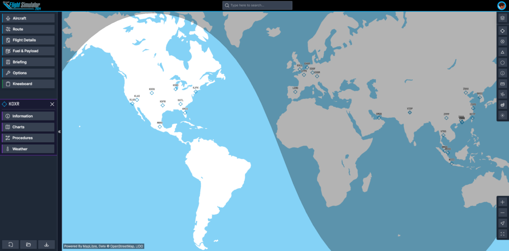 Image of MSFS 2024 flight planner home page