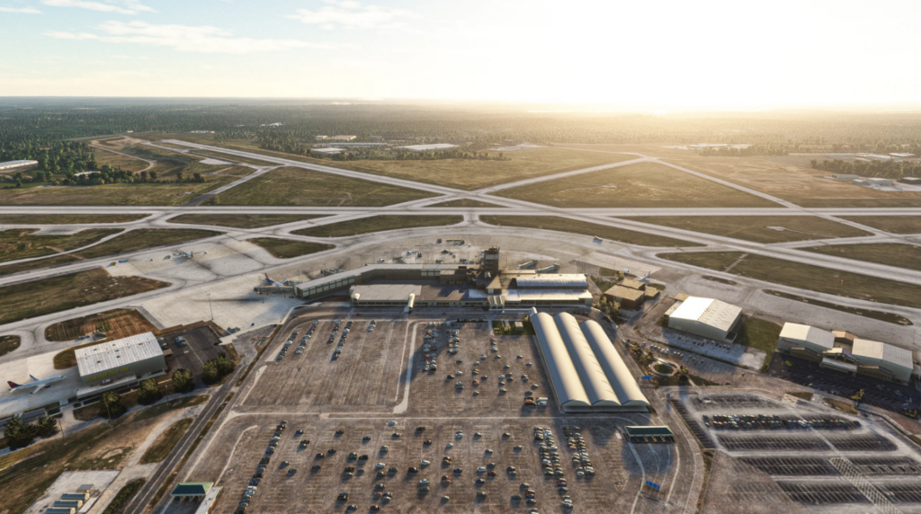 MSFS Akron-Canton Airport overview from the air. Two runways and the main terminal are visible
