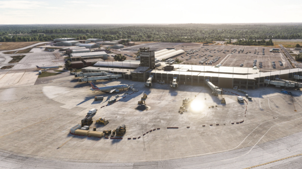 MSFS Akron-Canton airport main terminal seen from the air.