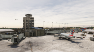 MSFS Akron-Canton airport parking stands with two planes