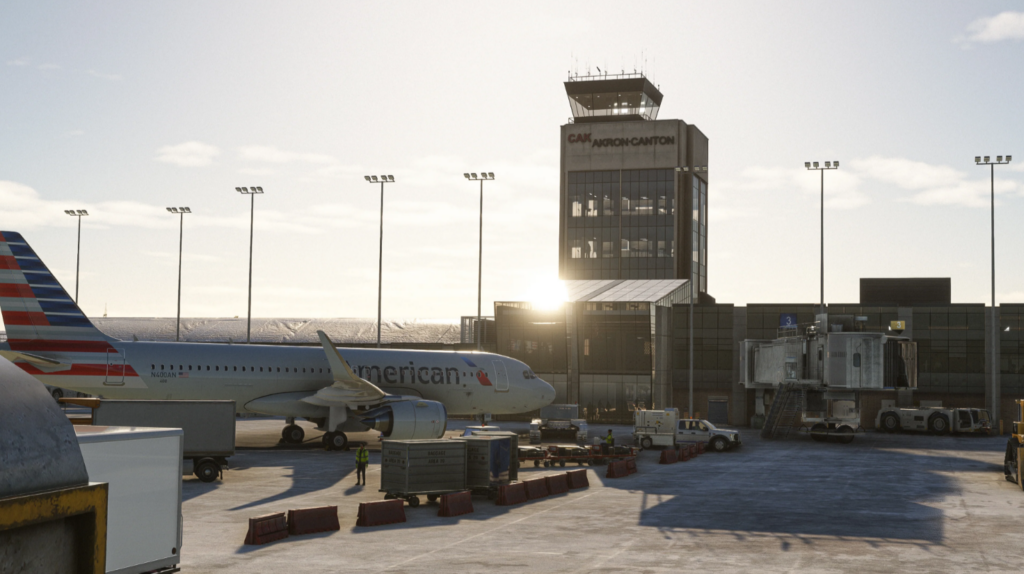 MSFS Akron-Canton Airport Main terminal with a plane
