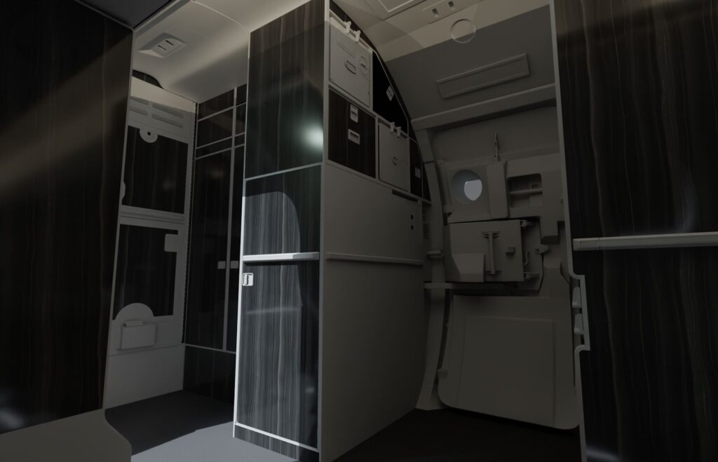 Inside the E145 showing the gally and door