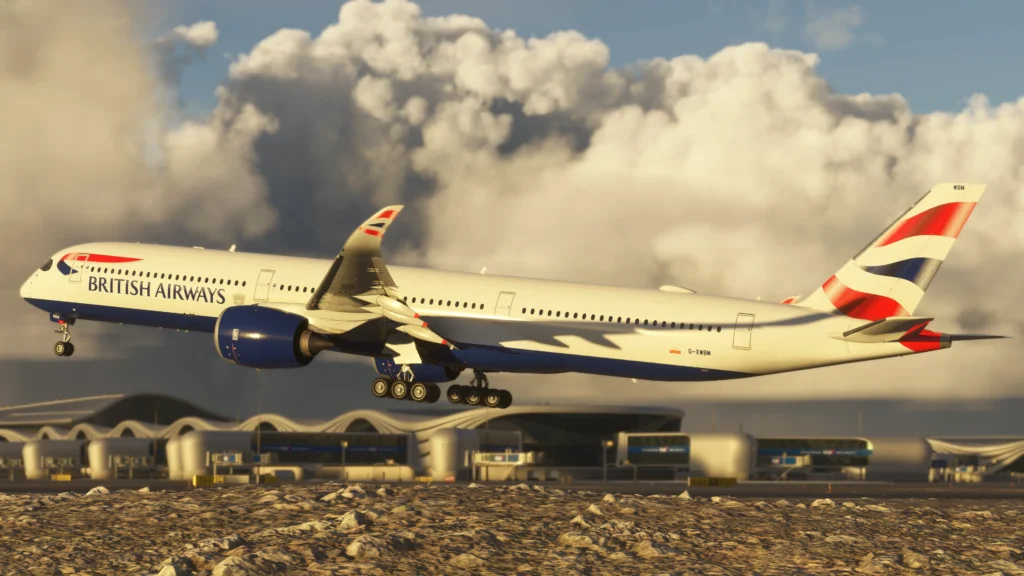 simulated plane landing during sunset
