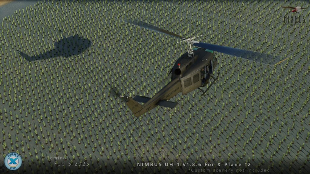 The UH-1 flying over rice fields