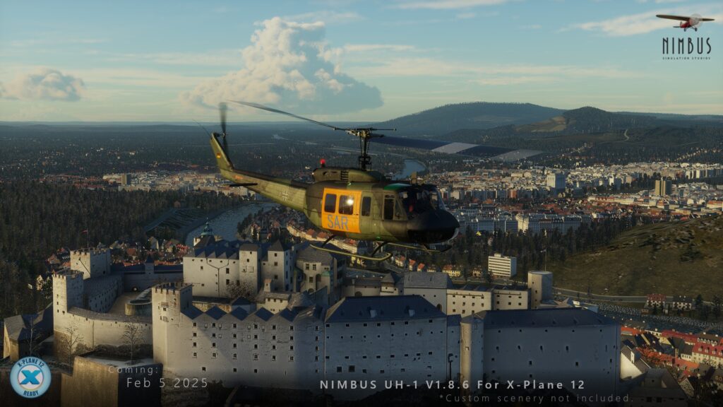 The UH-1 flying over a castle