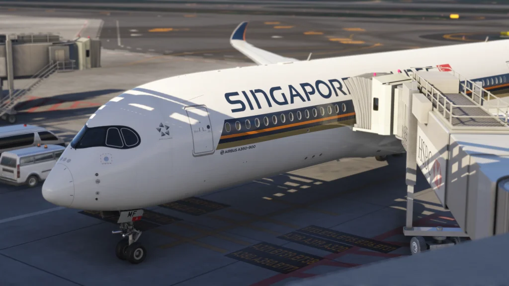iniBuilds A350 for MSFS on ground in Singapore Airlines livery