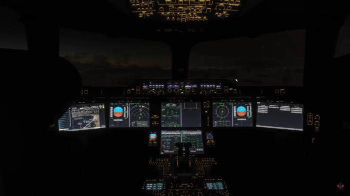 iniBuilds A350 cockpit in MSFS2024 at nighttime