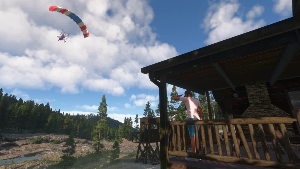 Parallel 42 Widows Peak - Shot of paraglider overhead person waving from cabin at airstrip