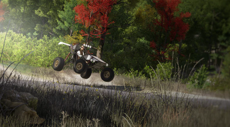 Crosskart jumping over outdoor terrain