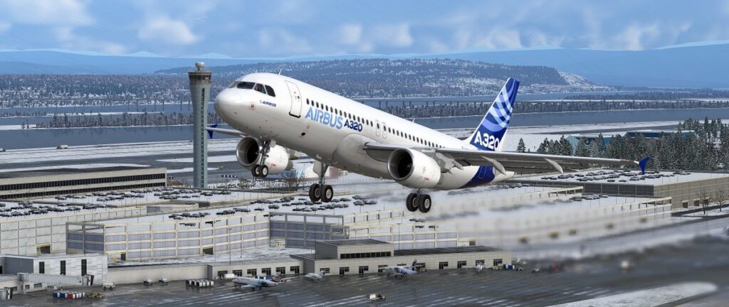 FlightFactor's A320 taking off in X-Plane 12