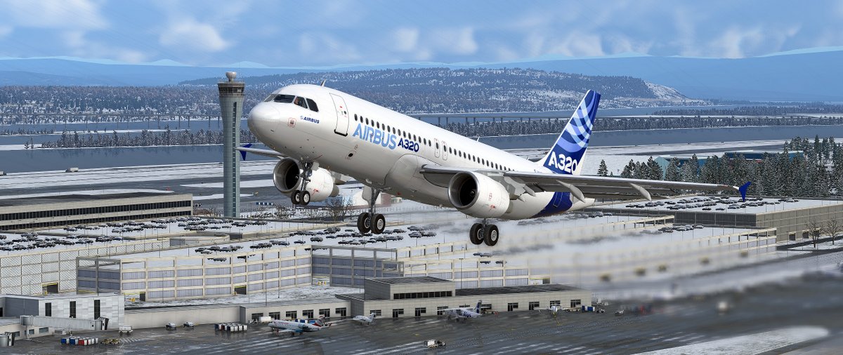 FlightFactor's A320 taking off in X-Plane 12