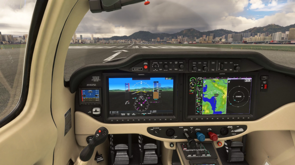 Inside cockpit of small aircraft with Garmin displays