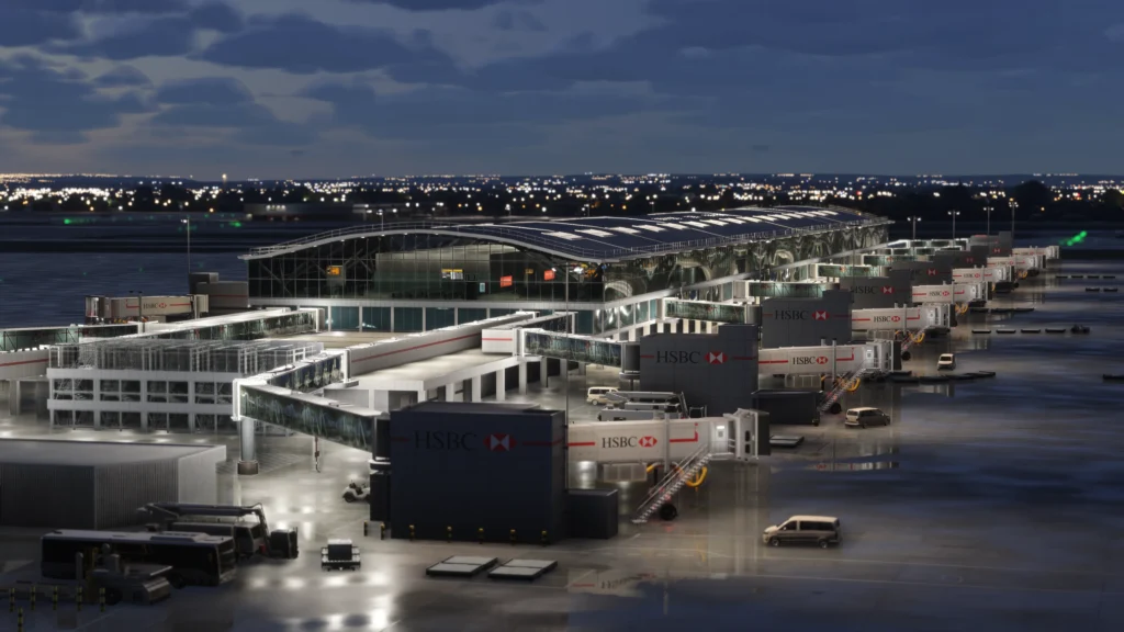 iniBuilds Heathrow Premium Exterior during sunset