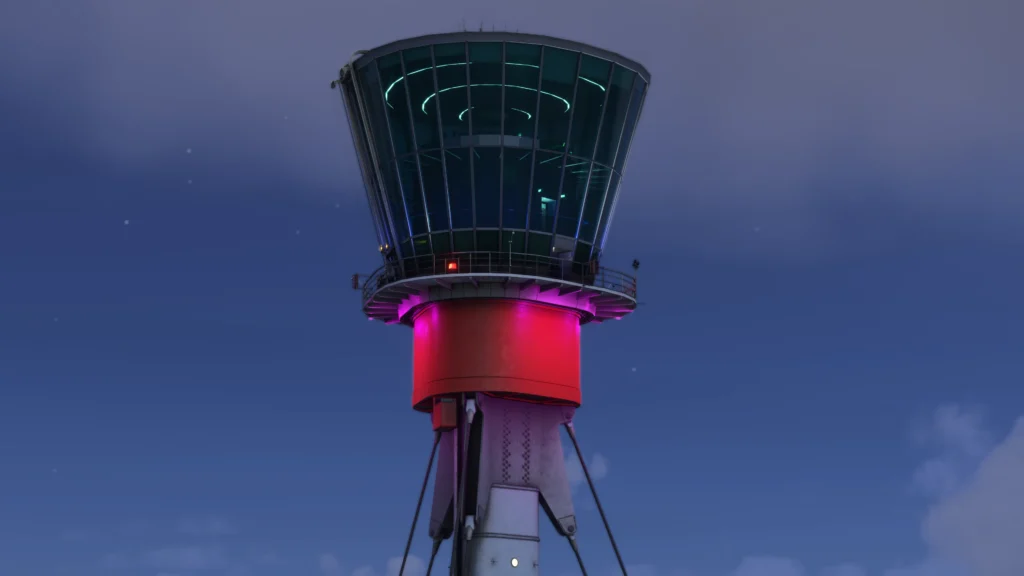 iniBuilds Heathrow Premium Control Tower at dusk