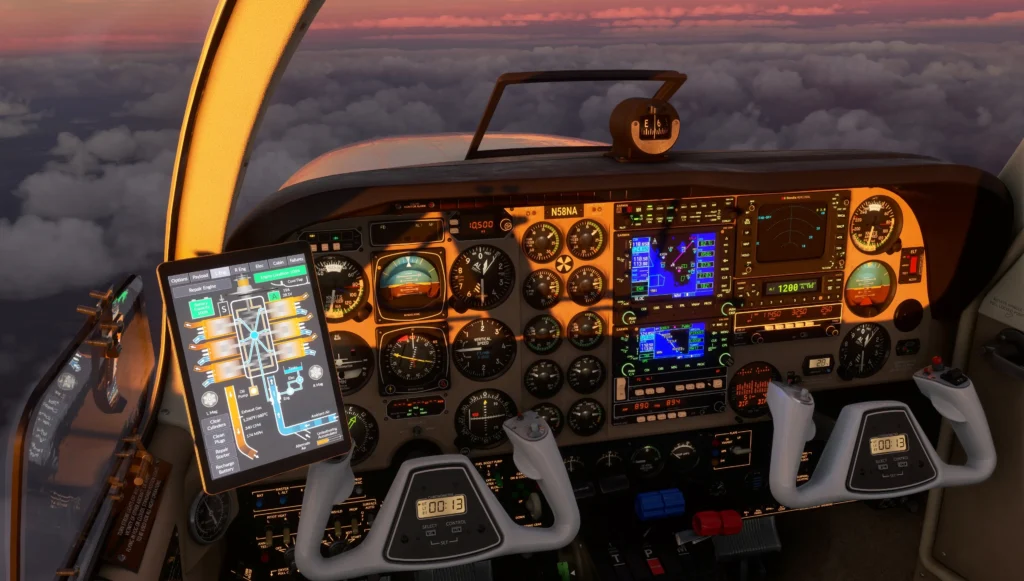 Black Square Beech Baron Professional line - cockpit dusk shot