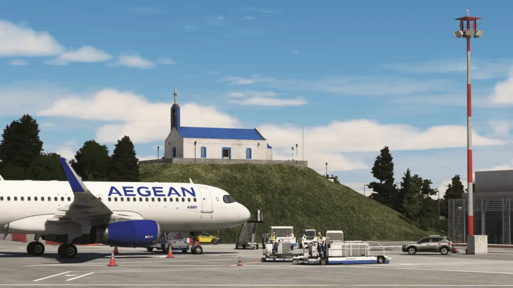 Simulated aircraft in front of hill with greek capella