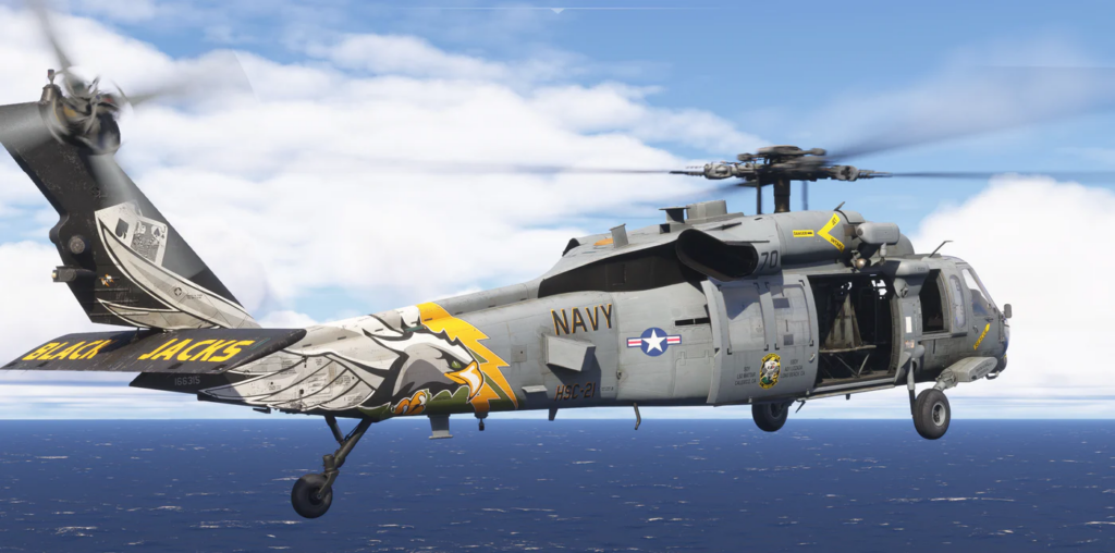 Helicopter flying over sea in simulator