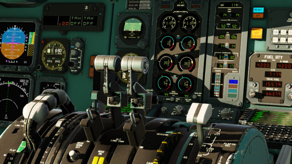 Close up throttle quadrant shot from the Rotate MD-80 Pro for X-Plane 12