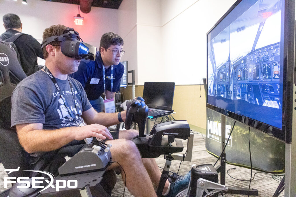 A person flying in a flight sim in a VR headset