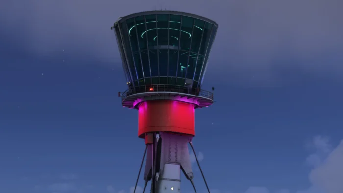 iniBuilds Heathrow Premium Control Tower at dusk