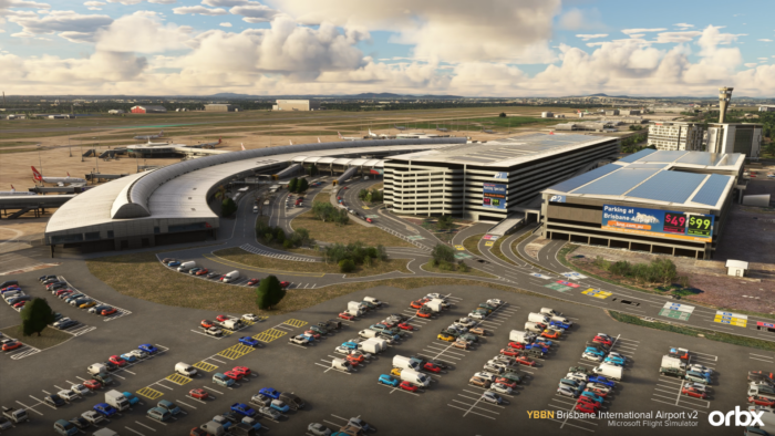 Orbx Brisbane V2 - shot from overhead facing the terminal and parking areas