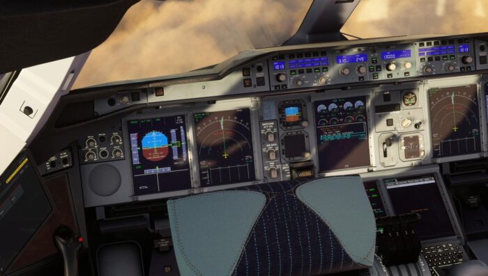 A380X view of cockpit screens with FMS failure