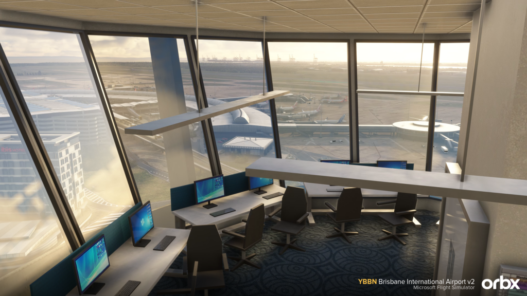 Orbx Brisbane V2 - shot from inside the tower looking onto the ramp and terminal