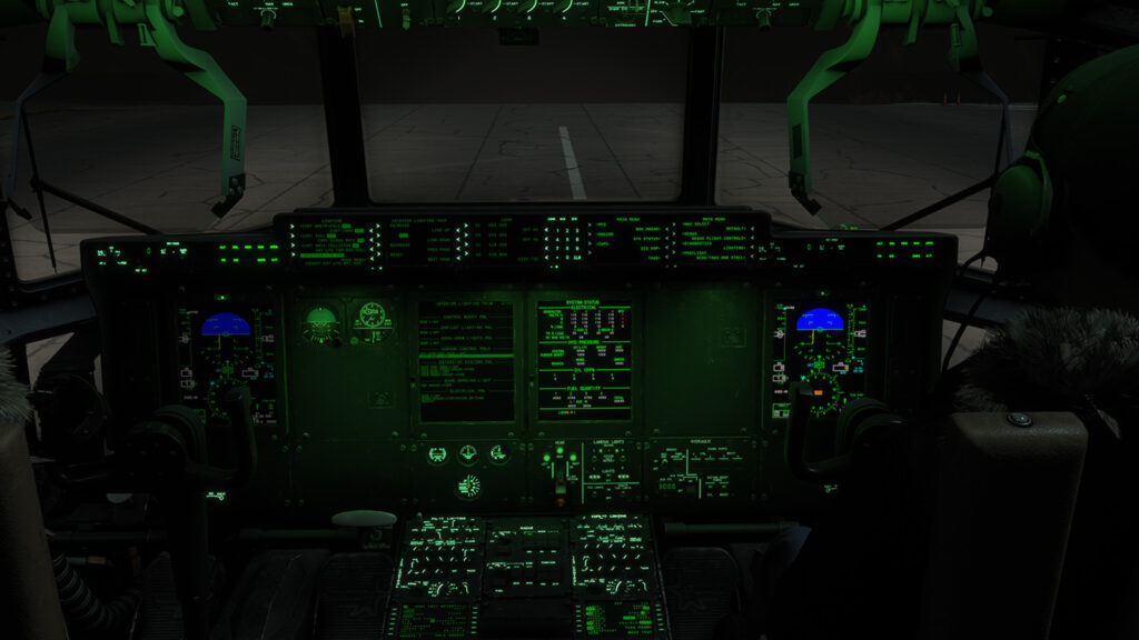Blackbird Simulations C-130 "Dirty 30" pre-release images showing cockpit at night under green lighting