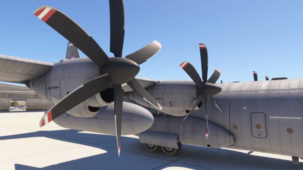 Blackbird Simulations C-130 "Dirty 30" pre-release images showing closeup of prop and engine nacelles