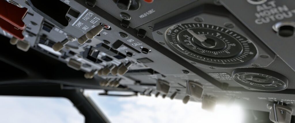 Simulated plane cockpit close up shot Boeing 737 bokeh blur