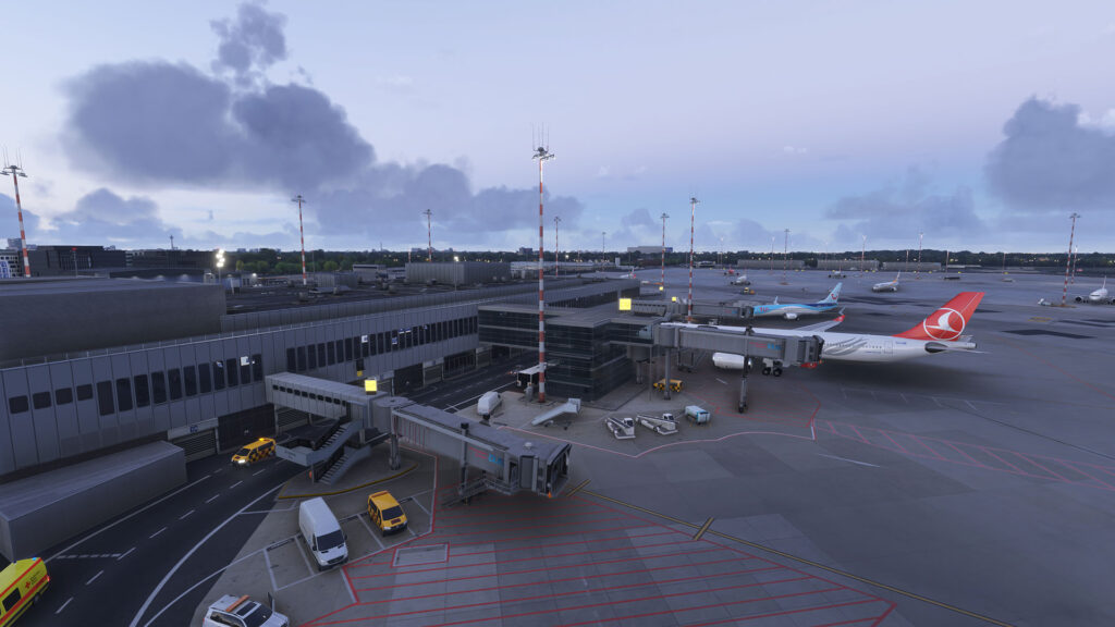 Aerosoft Dusseldorf Airport MSFS 2024 Apron at dusk