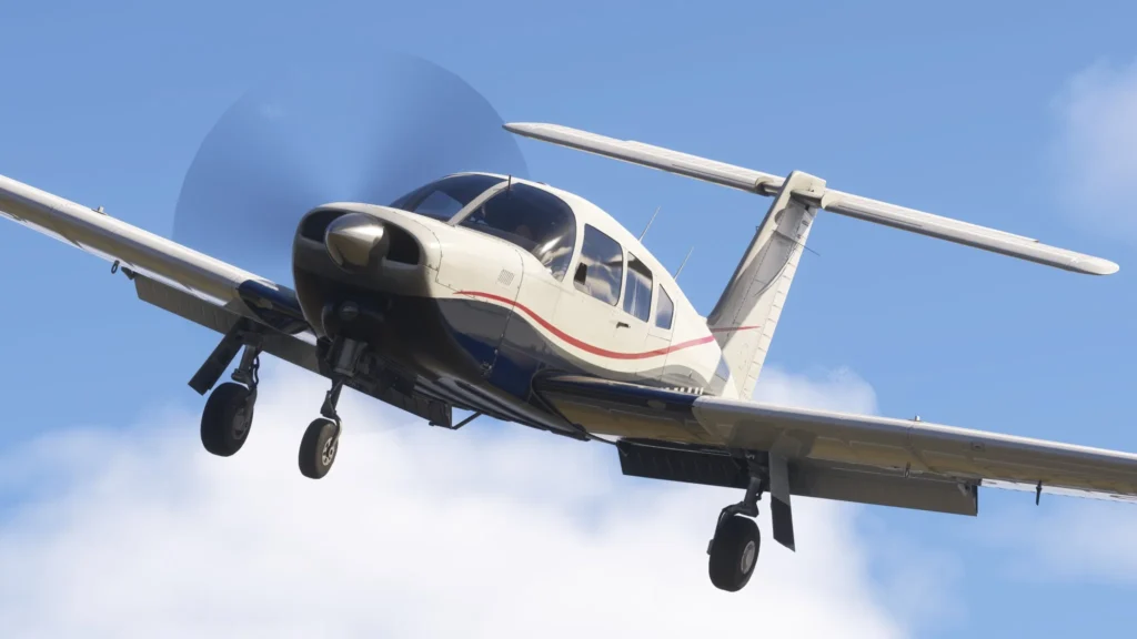 An in-flight preview of the Just Flight PA28 in a landing configuration.