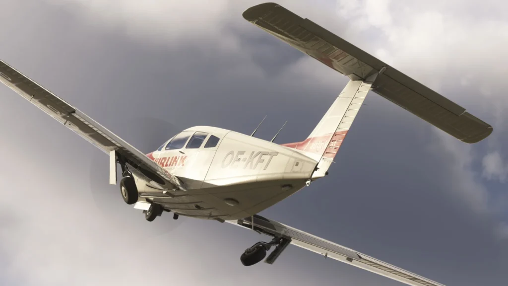 An in-flight preview of the Just Flight PA28 retracting its landing gear after takeoff.