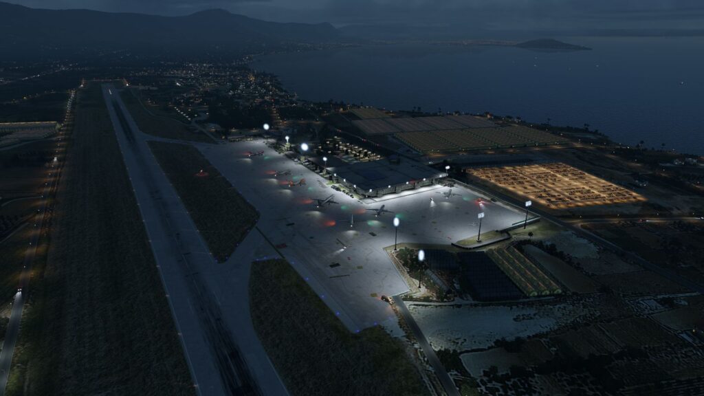 Aerosoft Split Airport terminal illuminated at night.