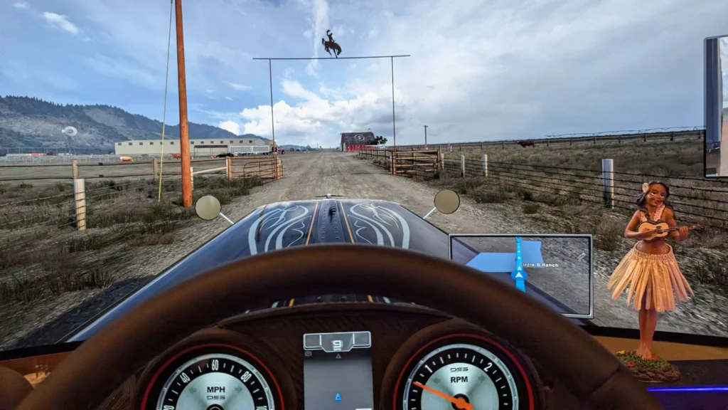 The entrance to Circle B Ranch as seen from the cab of a truck in ATS.